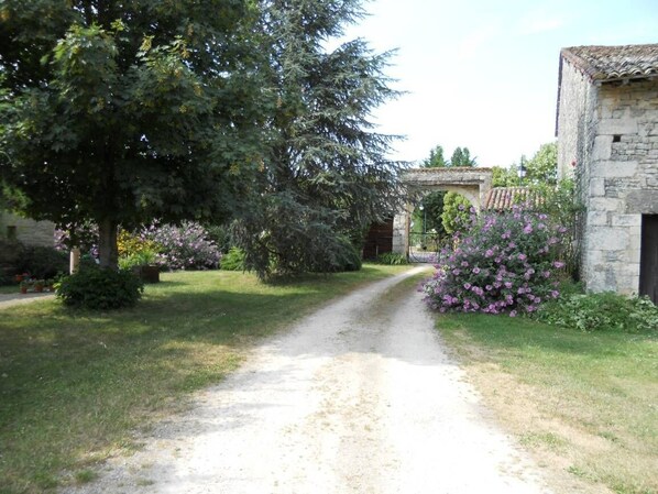 A gravel path leading to a stone building with a rustic archway.