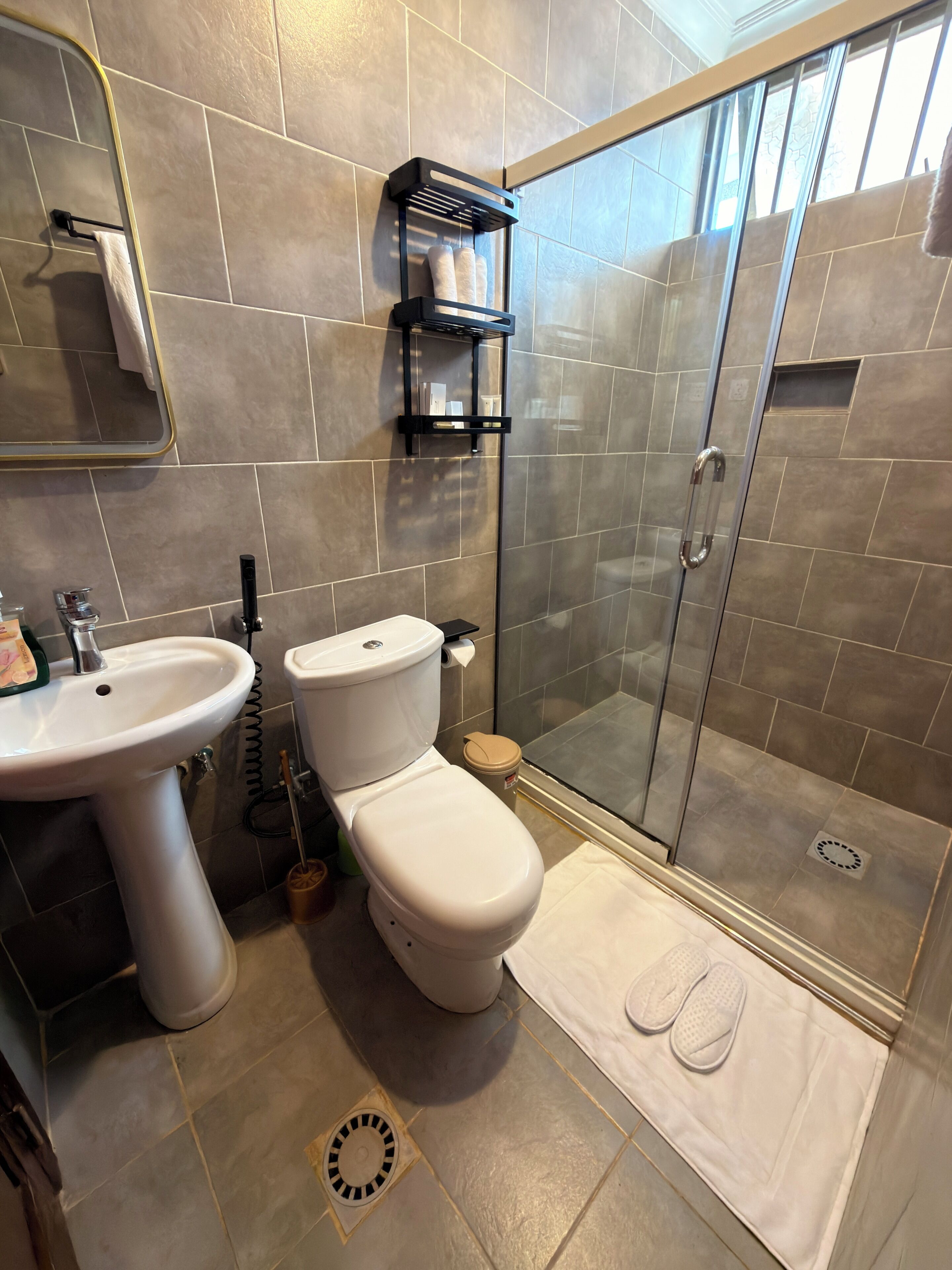 Un bagno con lavandino, servizi igienici, doccia e porta asciugamani.