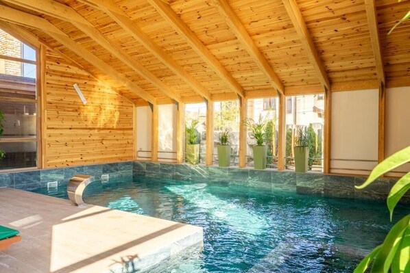 An indoor swimming pool with wooden beams, clear water, and potted plants. - Forest Green & SPA (Gura Humorului)