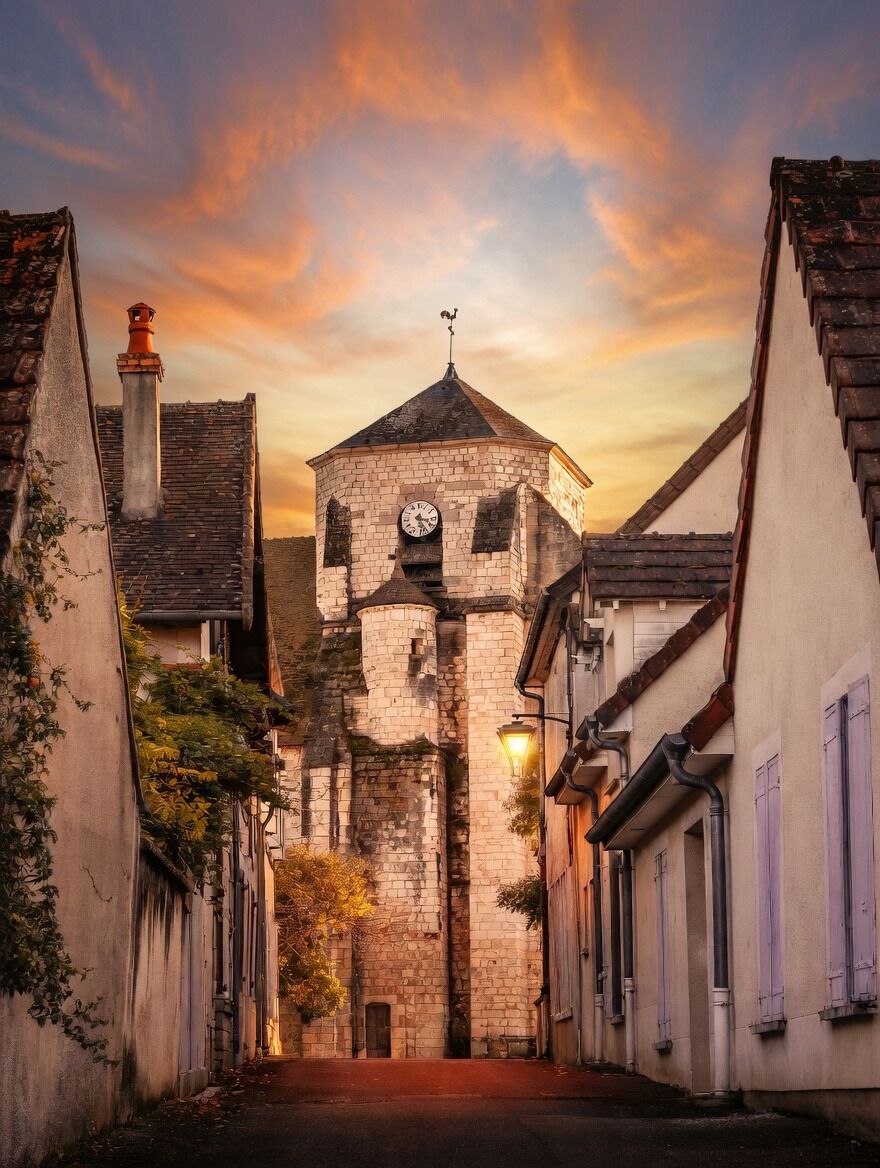A narrow street leading to a historic tower with a clock, flanked by buildings with shutters.