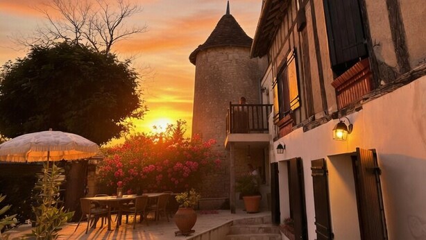 A courtyard with a pool, chairs, and a building with a tower. - La Maison de la Tour (Léré)