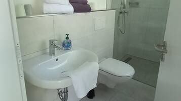 Dusche, Haartrockner, Handtücher, Toilettenpapier