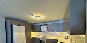 A modern kitchen with a built-in oven, a refrigerator, and a pendant light fixture.
