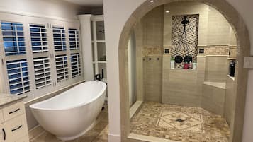 Hair dryer, bidet, towels, soap