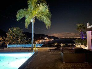 Ein Poolbereich auf dem Dach mit Liegestühlen und einer Palme, mit Blick auf eine nächtliche Stadtlandschaft.