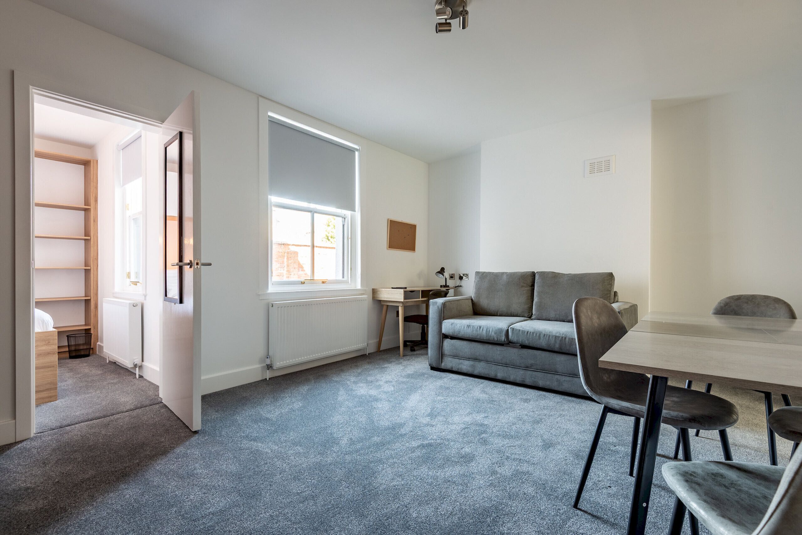 A room with a grey carpet, a grey sofa, a dining table with chairs, a window, and a door leading to a closet.