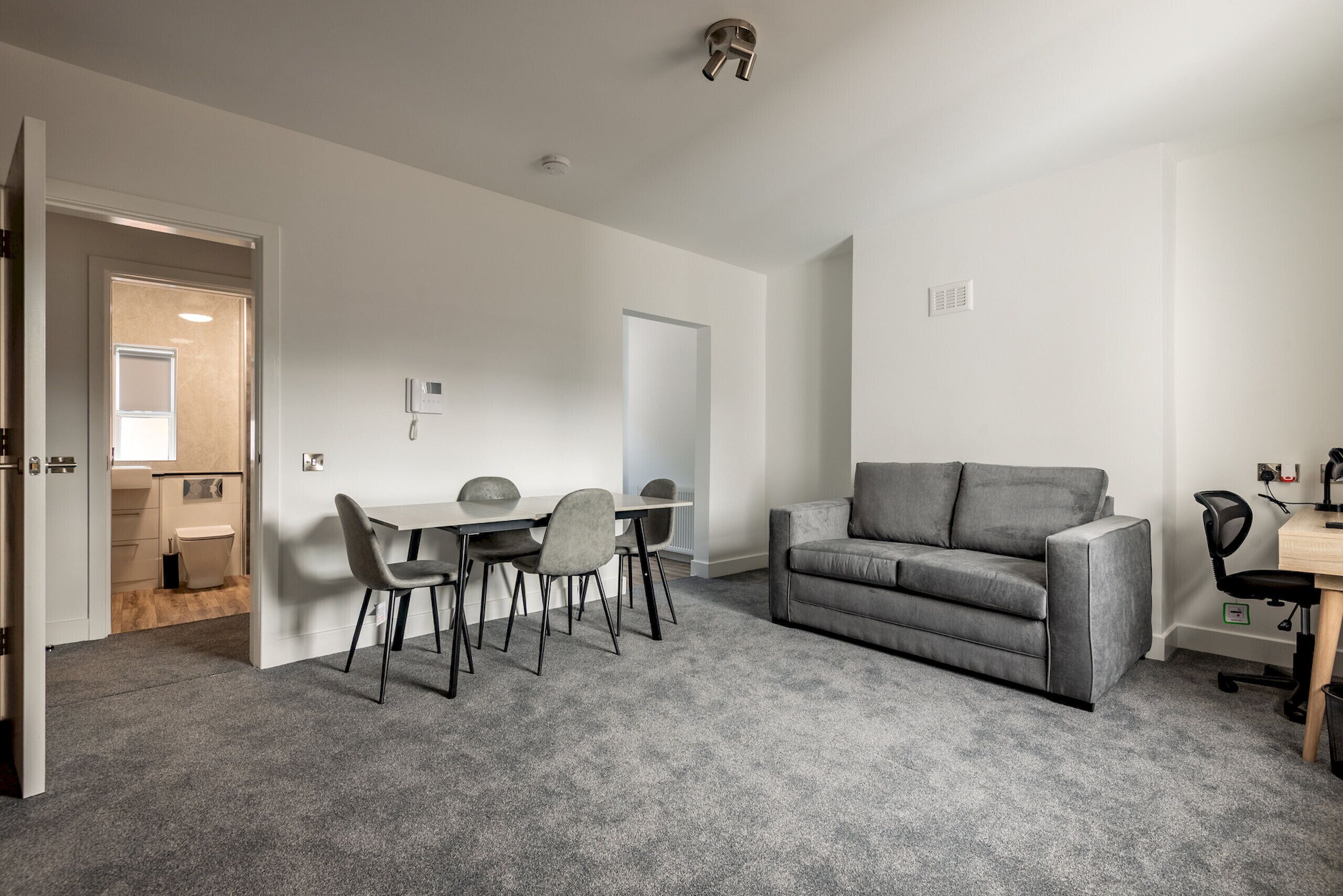 Een moderne woonkamer met een grijze bank, een eettafel met stoelen, en een keuken die zichtbaar is door een open deur.
