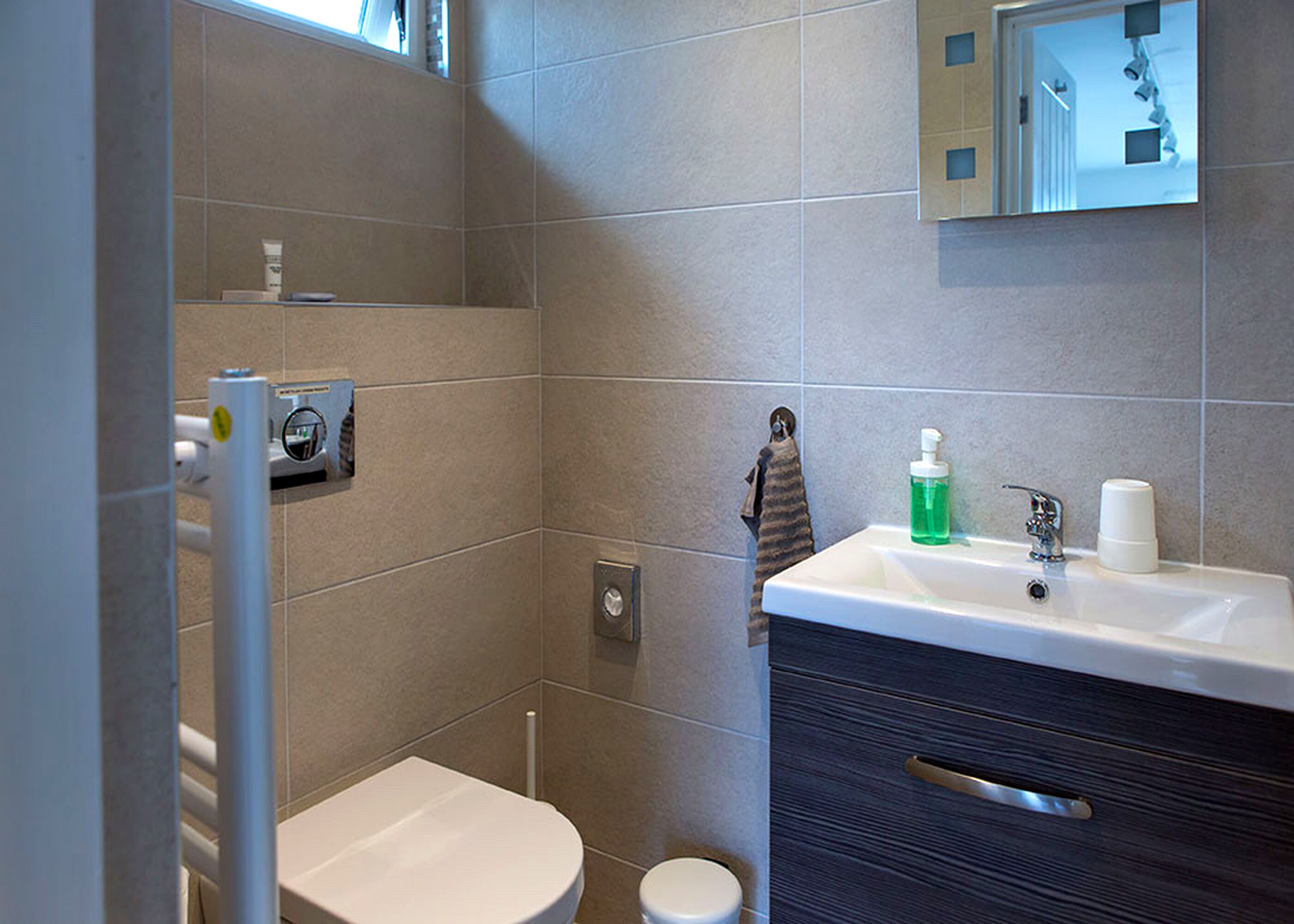 A modern bathroom with a toilet, a sink with a mirror above it, and a shower area.