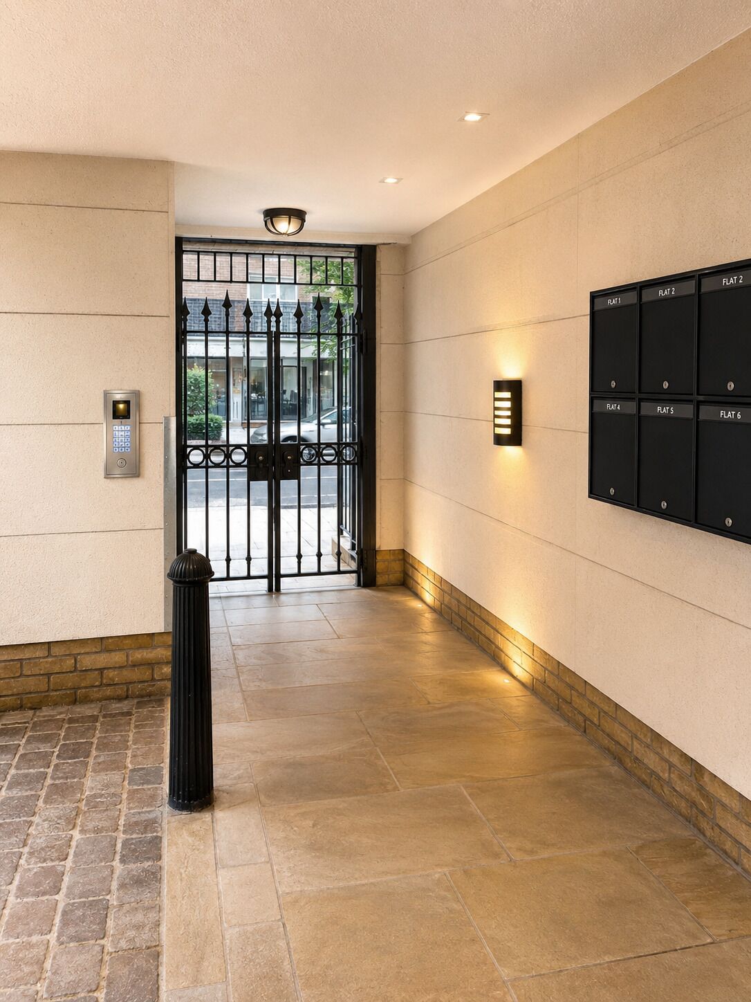 A hallway with a metal gate, a mail slot, and a trash bin.