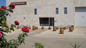 Um edifício com uma placa indicando 'HOTELDELVINO', um estacionamento e vários vasos de plantas e tonéis.