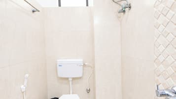 Shower, rainfall showerhead, towels, soap