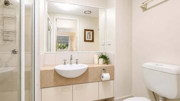 A bathroom with a glass shower enclosure, a sink with a mirror above it, and a toilet.