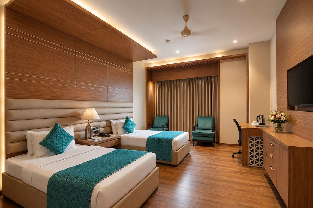 A hotel room with two beds, a desk with a chair, a TV, and a minibar.