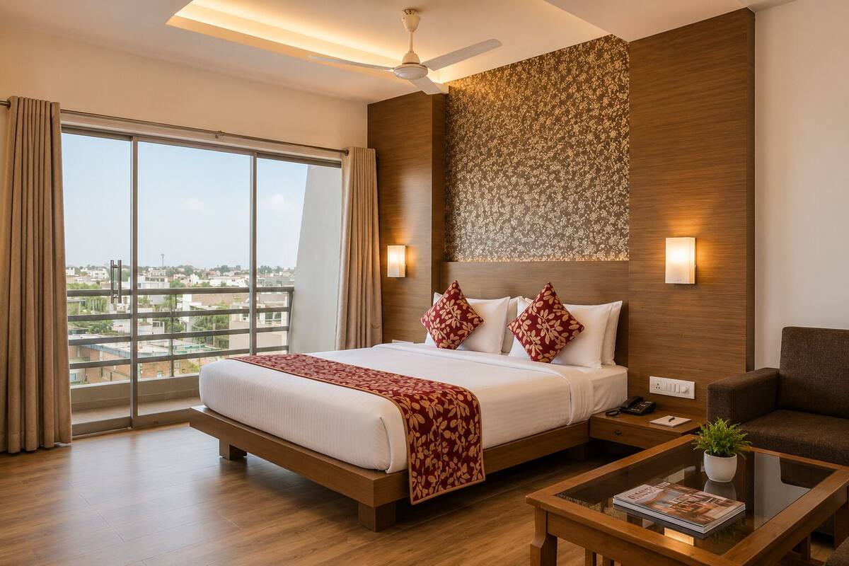 Habitación de hotel con una cama grande, un escritorio, una silla, vistas de la ciudad y un ventilador de techo.