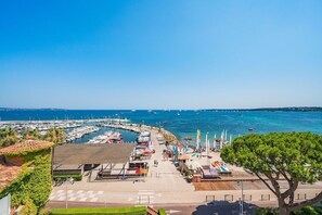 Ein Yachthafen mit Booten, einem gepflasterten Weg und einem Baum.