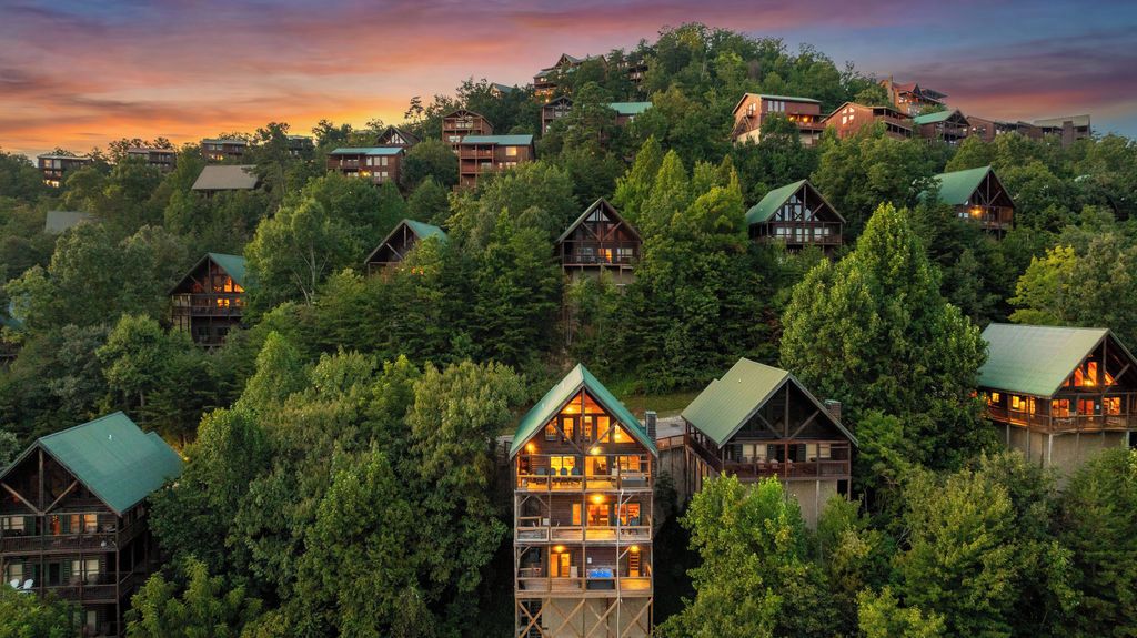 Un ensemble de chalets de style rustique, construits en rondins de bois, entourés d’une forêt dense, et dotés de plusieurs niveaux et de balcons.