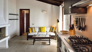 Eine moderne Küche mit einem Gasherd, Holzboden und einem Essbereich mit einer Couch und einem Couchtisch.