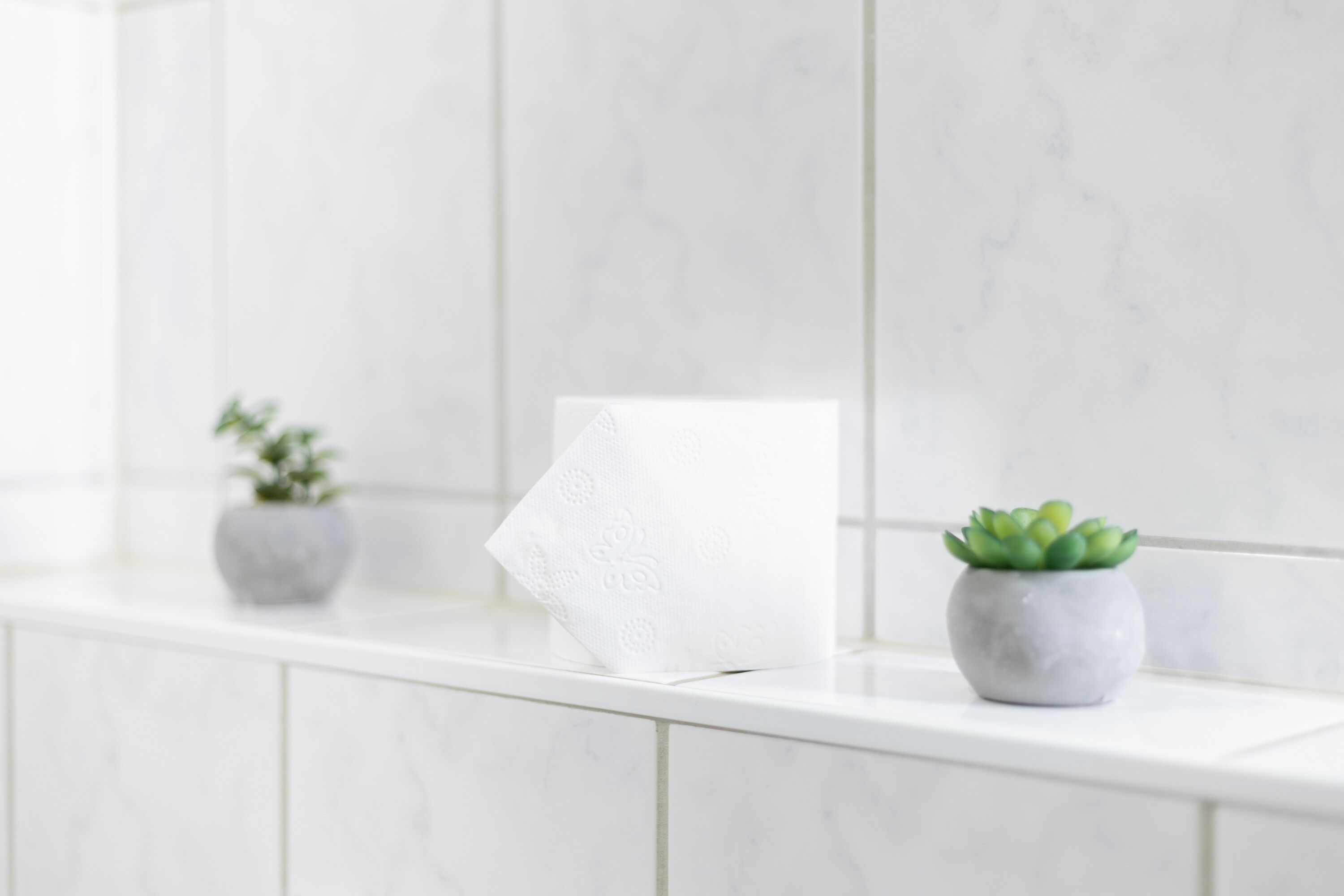 A bathroom with white marble tiles, a roll of toilet paper, and two small potted plants.