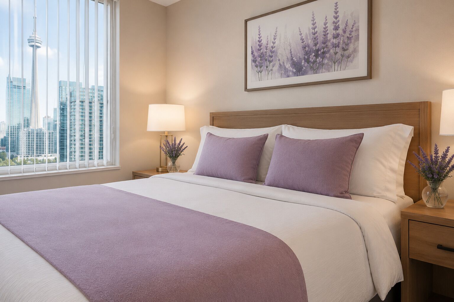 Ein Hotelzimmer mit Bett, Nachttisch, Lampe, einem floralen Bild in einem Rahmen und einem Fenster mit Blick auf die Stadt.