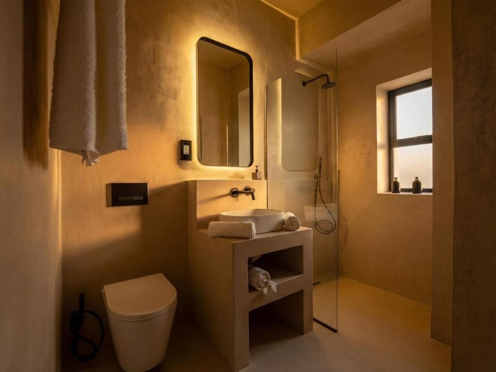 Un baño con inodoro, lavamanos, espejo y ducha.