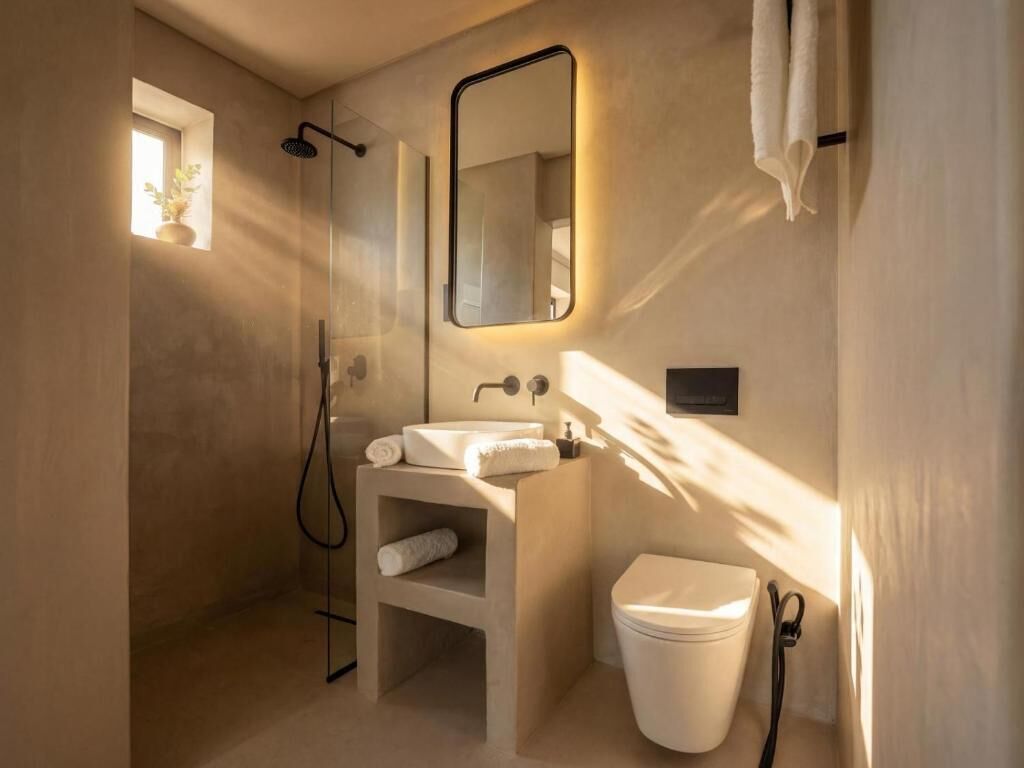 Un baño con ducha, lavabo, inodoro y espejo.