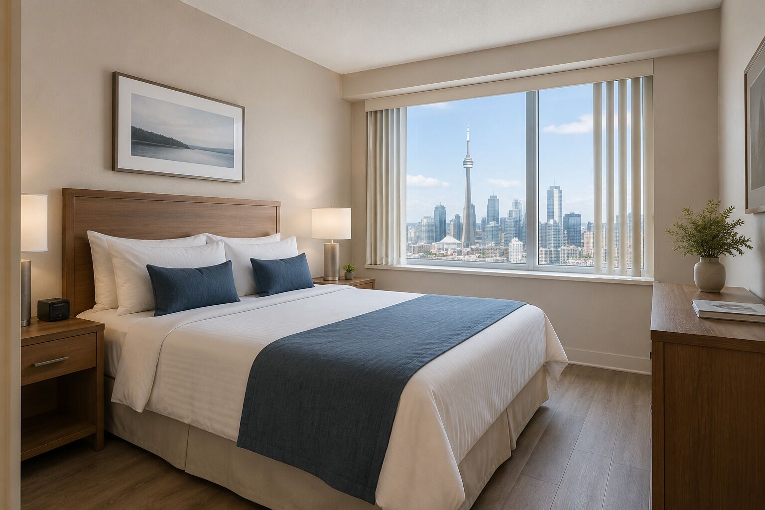 Ein Hotelzimmer mit einem großen Bett, Blick auf die Stadt, einem gerahmten Bild an der Wand und einem Nachttisch mit einer Lampe.