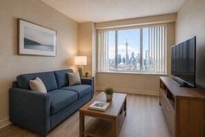 Ein modernes Wohnzimmer mit Sofa, Couchtisch, Fernseher und einem großen Fenster mit Blick auf die Stadt.