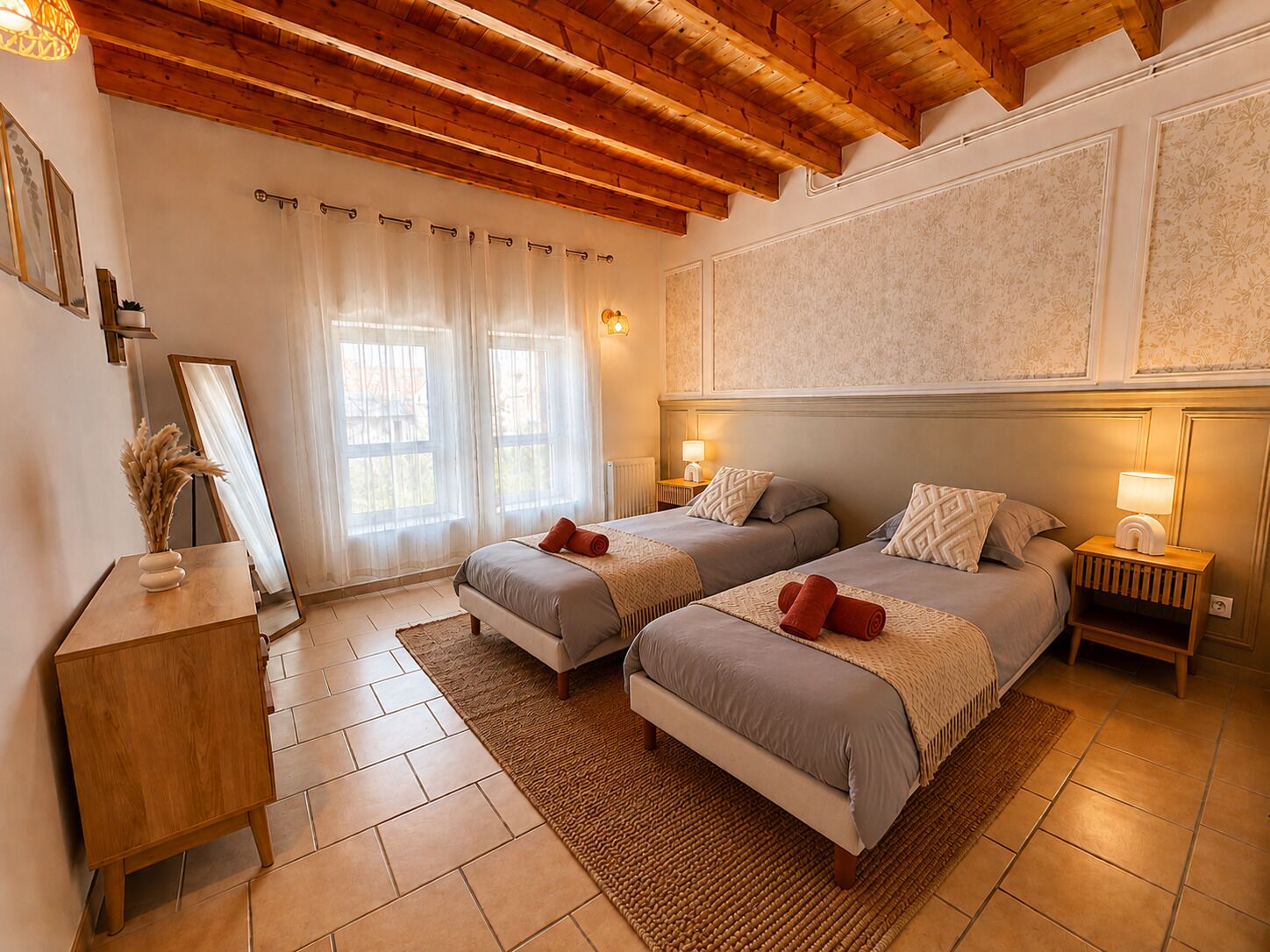 Premium bedding, desk, laptop workspace, blackout drapes
