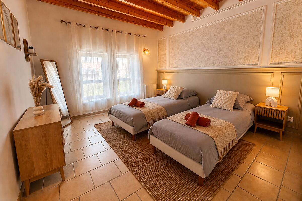 Premium bedding, desk, laptop workspace, blackout curtains