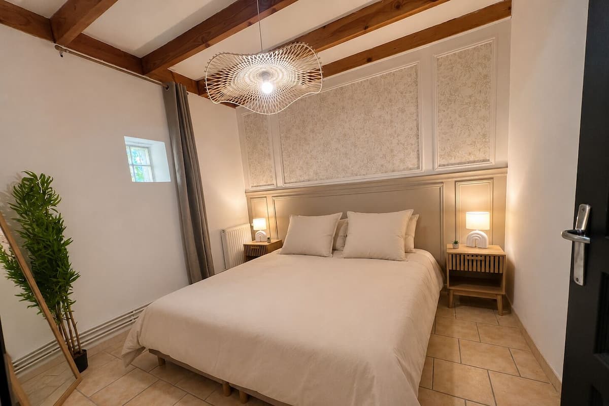 Premium bedding, desk, laptop workspace, blackout curtains