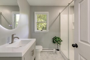 A bathroom with a white sink, a toilet, a window, a potted plant, and a glass shower door. - Modern Home, Minutes to Mystic, Casinos and Ocean (Groton)