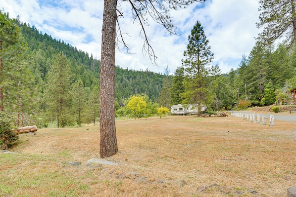 A campground with a large tree, a white RV, and a forested mountain in the background. - Pool & Dual Decks! Modern Trinity River Retreat (Douglas City)