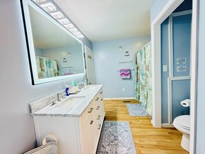 Secadora de cabello, bidet, toallas, jabón 