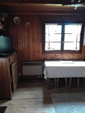 A room with wooden walls, a television, a table with a tablecloth, a window with curtains, and a radiator.