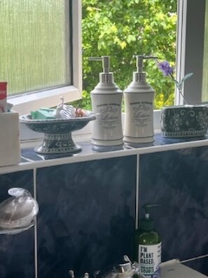 A kitchen with a window, a dish rack, and a bottle of plant-based sauce.