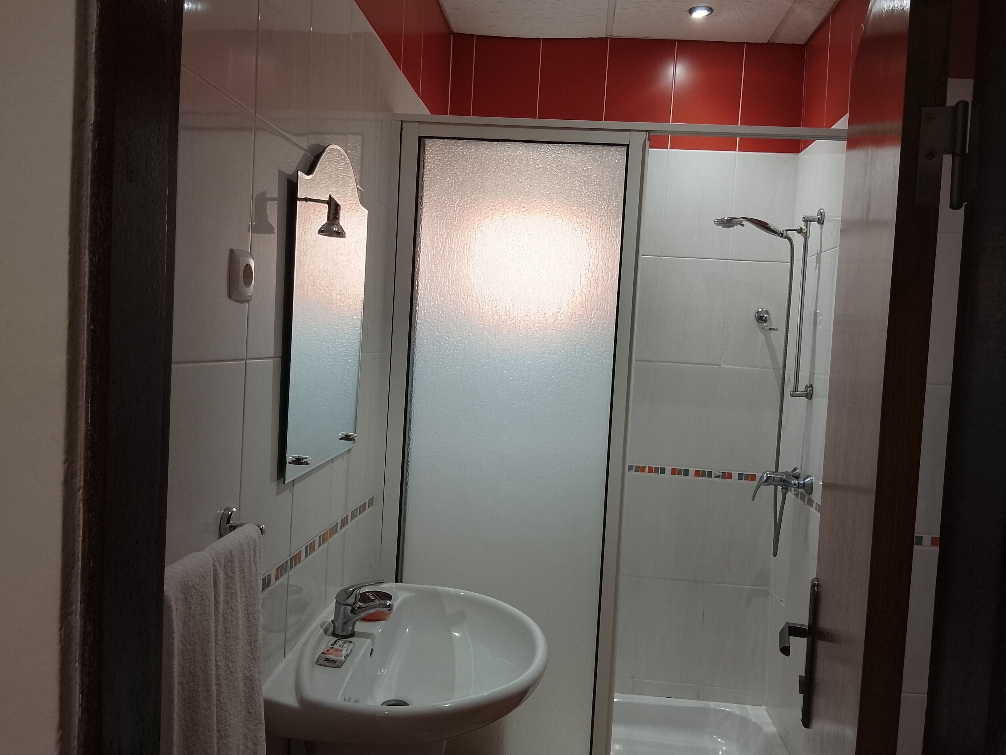 Une salle de bain avec un lavabo, un miroir et une douche.