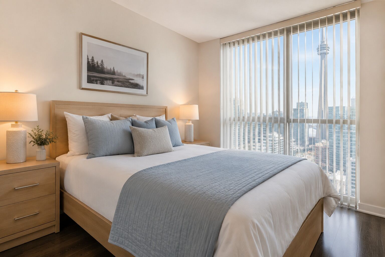 Ein Hotelzimmer mit einem großen Bett, zwei Nachttischen, einem Fenster mit Blick auf die Stadt und einem gerahmten Bild an der Wand.