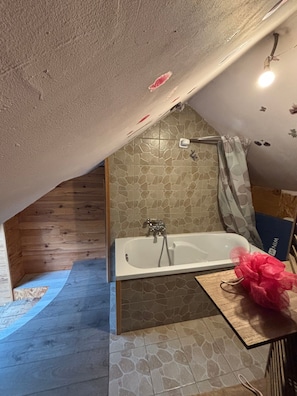 Une salle de bain avec une baignoire, une douche et des murs carrelés.
