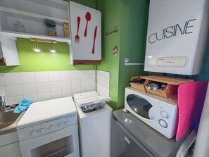 Et lille tekøkken med mikrobølgeovn, ovn og vask.