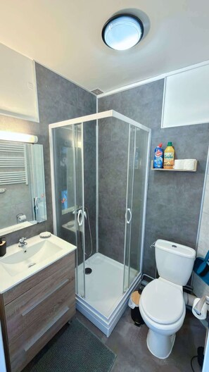 Une salle de bain moderne avec une douche à parois de verre, un lavabo, des toilettes et une étagère contenant des produits de nettoyage.