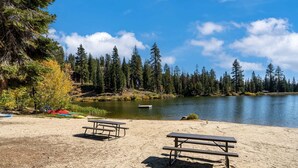 Ein sandiger Strand mit zwei Picknicktischen und einem kleinen Steg, der in einen von dichtem Wald umgebenen See führt.