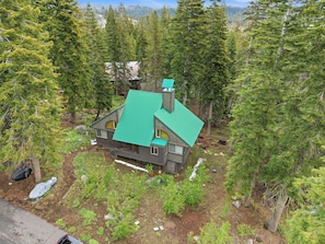 A house surrounded by dense forest, with a green roof and multiple windows. - A-frame Home With Deck & Bbq - Vh #223 2 Bedroom Cabin (Arnold)
