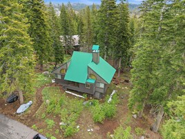 Una casa rodeada de un bosque frondoso, con techo verde y múltiples ventanas.