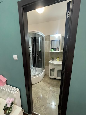 Ein Badezimmer mit Dusche, Waschbecken und Spiegel.