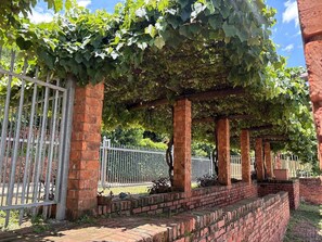 A brick pergola with vines, a white metal fence, and a brick pathway. - Nice Cozy Apartment With a Great dam View (Hartbeespoort)