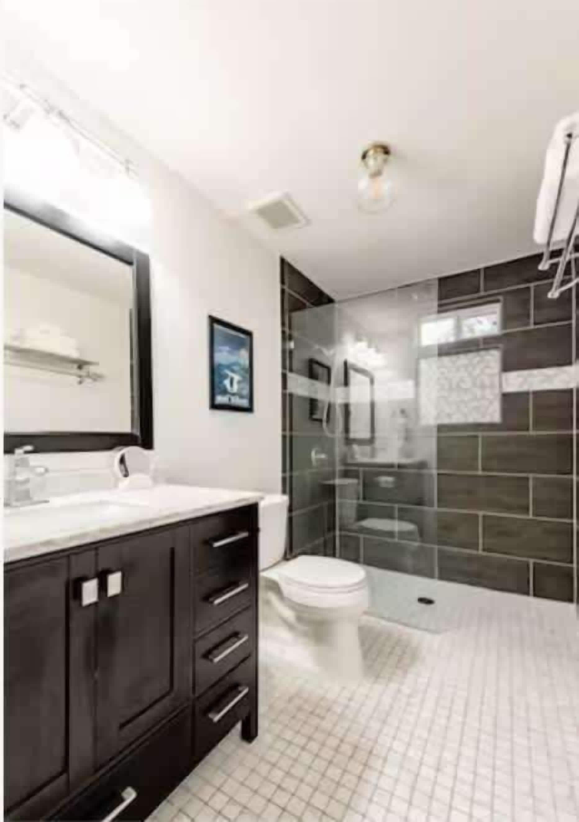 Shower, hair dryer, towels, shampoo