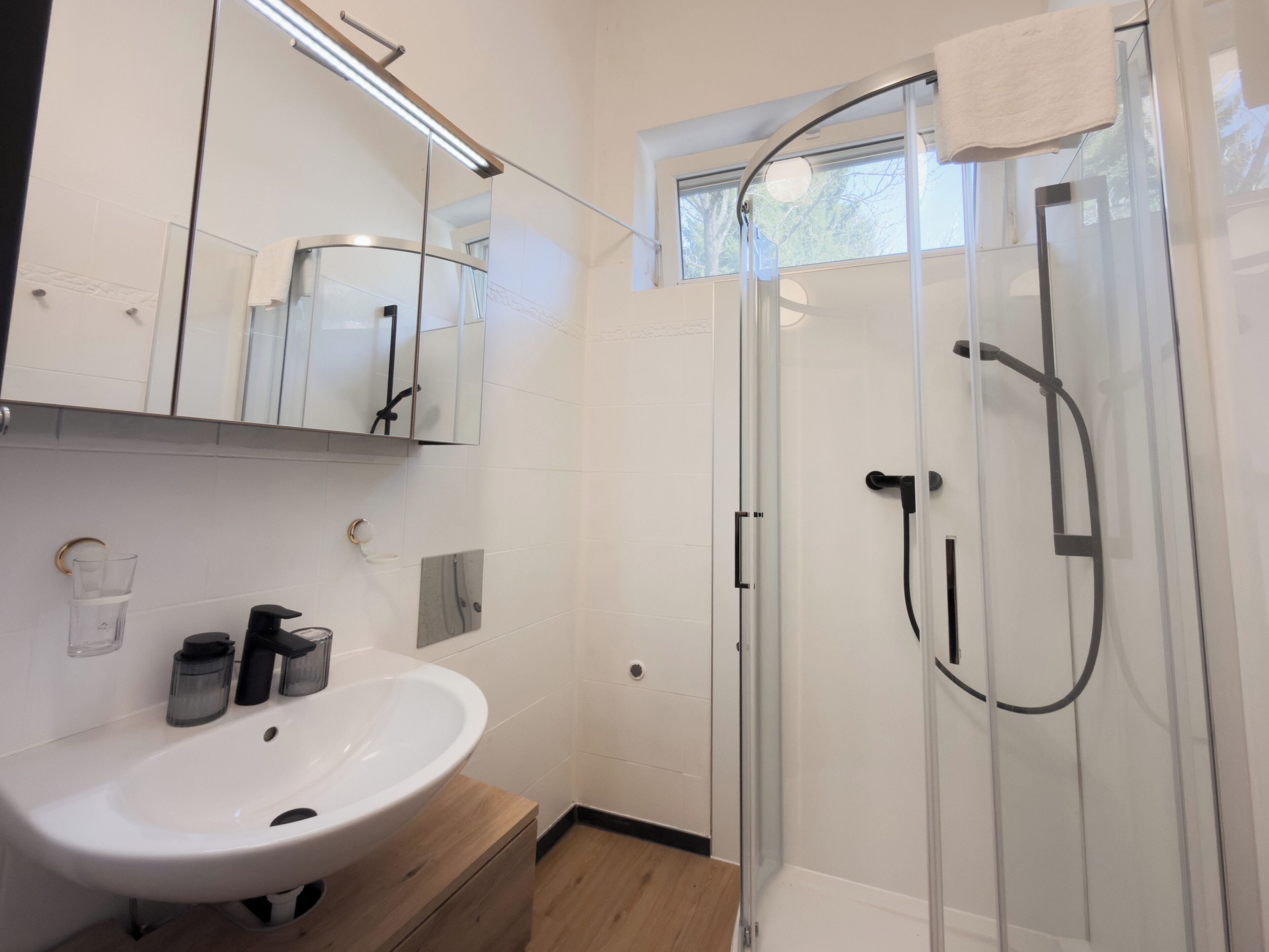 A modern bathroom with a glass shower enclosure, a white sink with a wooden vanity, and a large mirror above the sink.