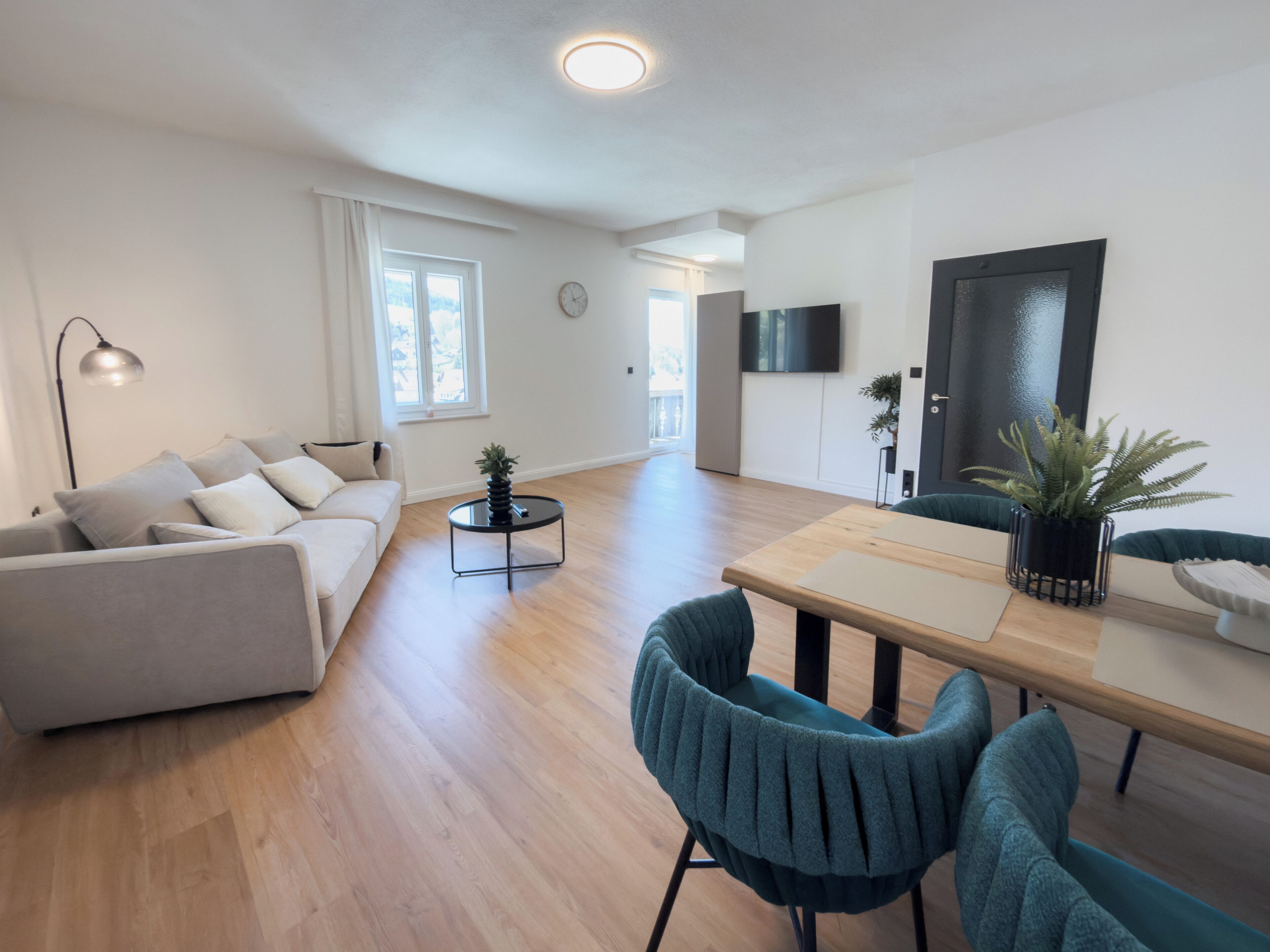 A modern living room with a sofa, a dining table, chairs, a coffee table, a lamp, a TV, and a potted plant.