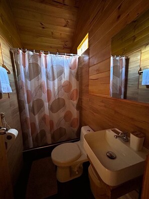 Une salle de bain rustique, aménagée dans une cabane en bois, avec des toilettes, un lavabo et un rideau de douche.