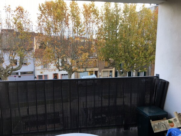 A balcony with a black metal fence, a small table, and a green stool. - On the banks of the canal surrounding the town center, very bright apartment (Pamiers)